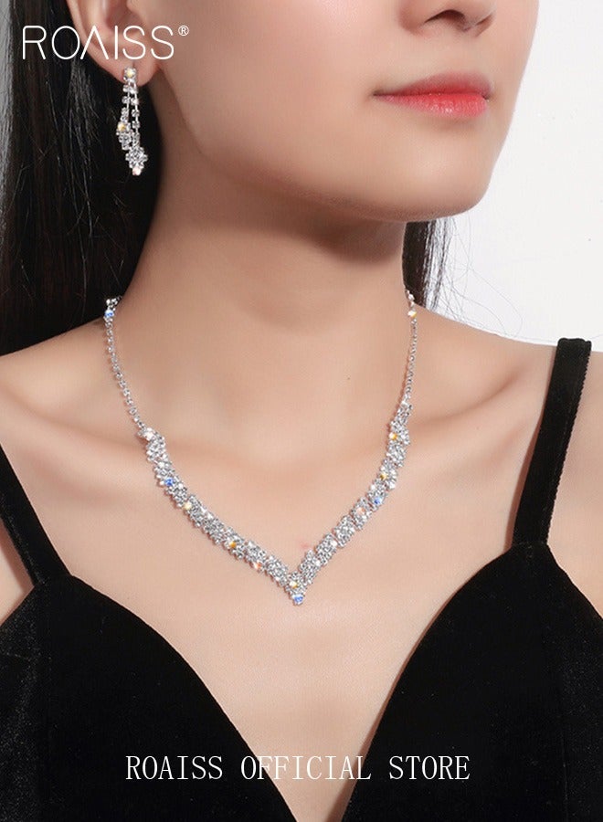 roaiss 2 Piece Jewelry Set of Necklace and Earrings Shiny V Shaped Diamond Chic Rhinestone Decor Jewellery Set for Women Ladies Gift for Girlfriend Wife Mother Bridesmaids Wedding Party Accessories - Image 1